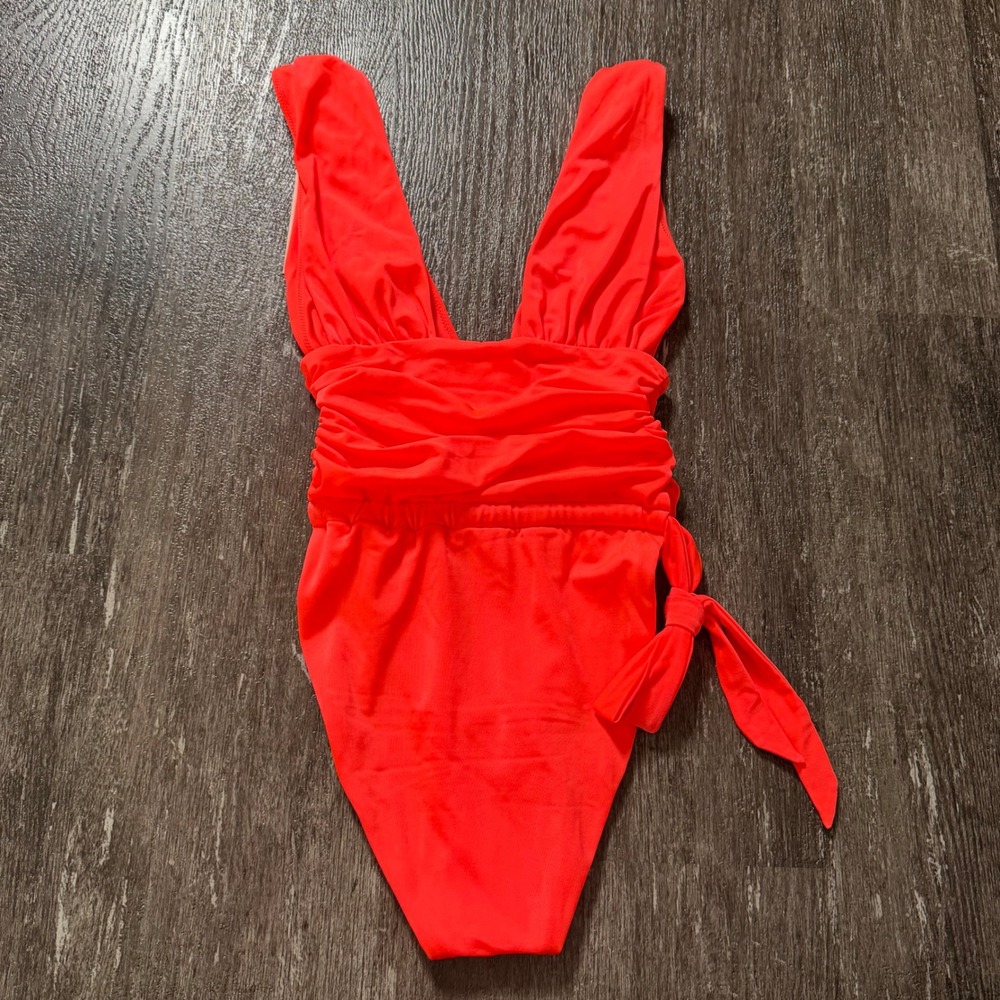 We Are HAH Free People One Piece Swimsuit Womens XS Neon Orange Tie Plunge Neck - Picture 4 of 5